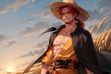 00026-3754575095-, Shnks, solo, red hair, 1boy, black eyes, male focus, facial hair, scar, closed mouth, light smile.png